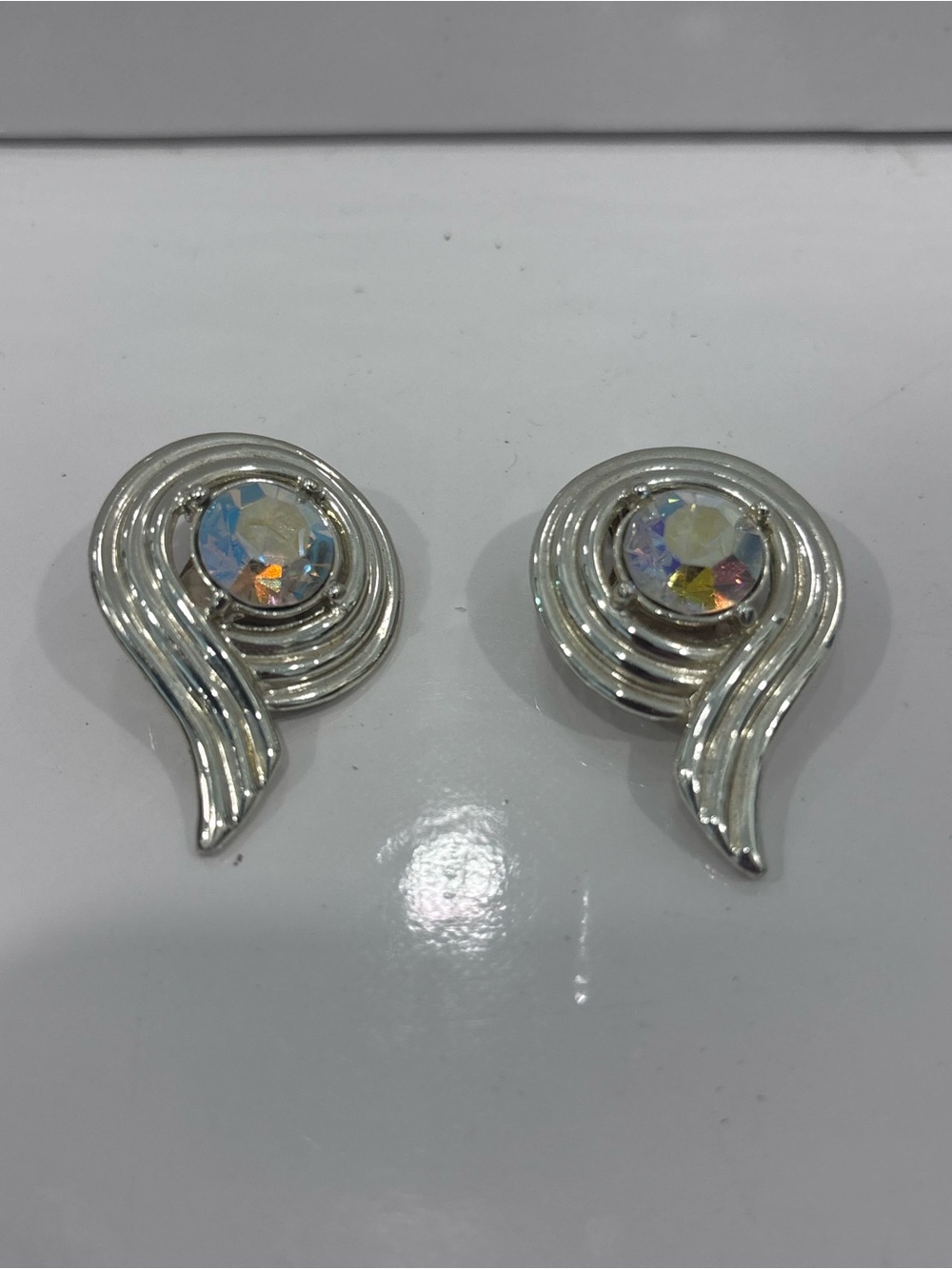 Vintage Sarah Coventry AB Rhinestone Silver-Tone Swirl Clip-On Earrings – Signed